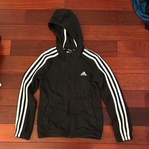 adidas Black Kids Hooded Zip Jacket with White Stripes